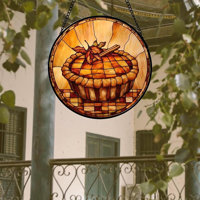 AMDERVEN Stained Glass Window Hanging 4 Pcs Set Brown Turkey Berry Corn 9.8" - Suncatcher Door Garden Sun Catcher Decor Birthday Thanksgiving Mother's Day for Mom Woman Nana Men