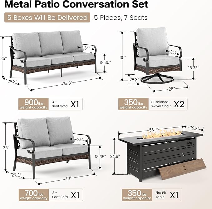 SUNSHINE VALLEY 5 Piece Metal Outdoor Patio Furniture Sets with Firepit Table, Patio Conversation Sets 1 3-Seater Sofa, 1 2-Seater Loveseat, 2 Swivel Chair with 5.75" Cushion for Backyard, Light Gray