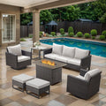 7 Piece Wicker Patio Furniture with Fire Pit Table - Outdoor Conversation Set with 50,000 BTU Fire Pit, All Weather Rattan Patio Set for Deck Backyard Garden - Brown Wicker Beige Cushion