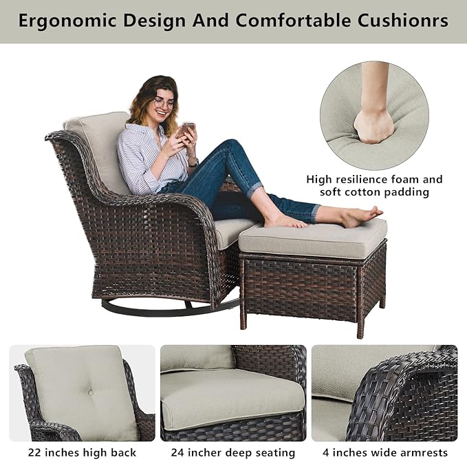 Belord 5 Pieces Patio Furniture Sets Wicker Outdoor Furniture, Rattan Patio Swivel Glider Chairs with 2 Ottoman and Glass Side Table