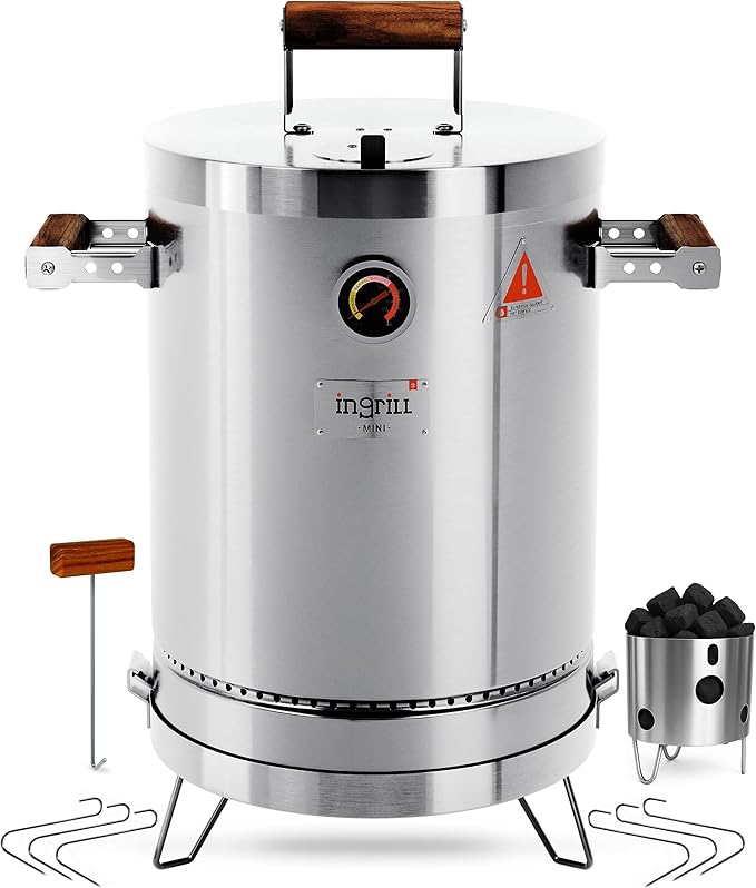 INGRILL Charcoal Grills - Basic Mini 6 lbs - 3-in-1 Stainless Steel Ultra-Portable Smoker Grill for Outdoors, Camping and Home BBQ - Compact Vertical Smoker Barrel Grill with Thermometer & Accessories