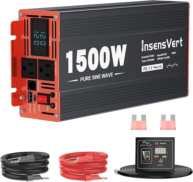 1500 Watt Pure Sine Wave Power Inverter DC 12V to 120V AC, with 2 AC,18W USB, and 30W Type-C Charging Ports, Car Solar Power Inverters with LCD Display for Home RV Truck, Surge 3000W(1500W-12V)