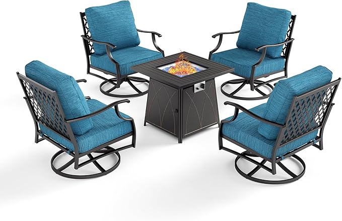 SUNSHINE VALLEY 5 Piece Metal Outdoor Patio Furniture Set with Fire Pit Table, Patio Conversation Sets 4 Swivel Chairs with 5.75" Thick Cushion and 5000 BTU Fire Pit Table, Backyard Furniture, Blue-2