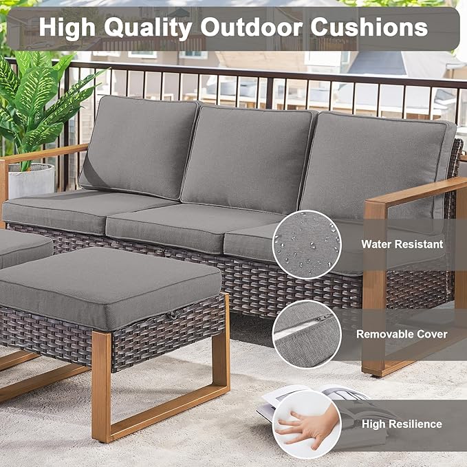 Belord Full 4 Pieces Patio Furniture Set with 41” Propane Fire Pit Table, Outdoor Conversation Set with Patio Chairs Set of 2 and Rattan Sofa for Deck Backyard