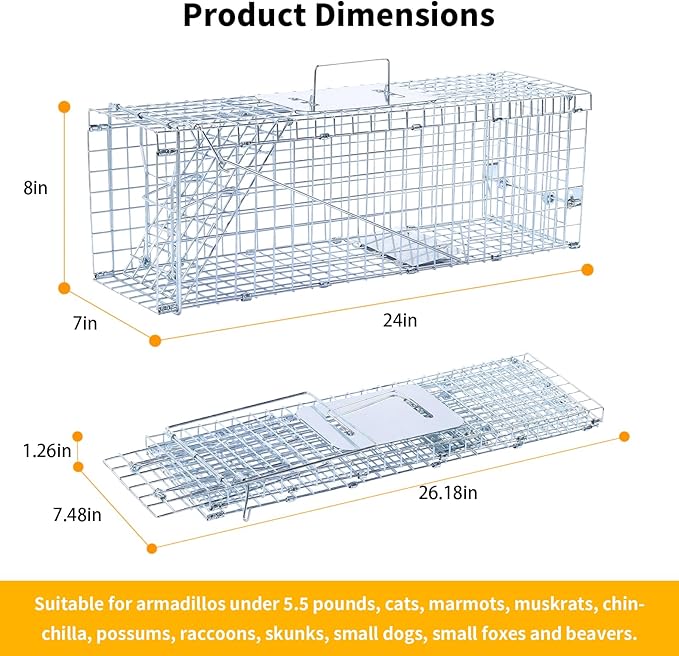 24" Live Animal Trap, Humane Animal Trap for Stray Cats up to 5.5 pounds, Raccoons, Squirrels, Skunks, Moles, Marmots, Armadillos, Rabbits, Steel Folding with Pedal Trigger