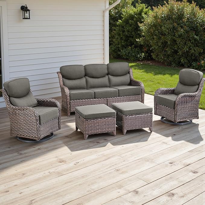 Rilyson Wicker Outdoor Patio Furniture Set - 5 Piece Patio Conversation Sets with Swivel Rocker Chairs, Ottomans and Sofa, 6 inch Cushions, Waterproof Wicker, for Porch Deck Brown/Grey