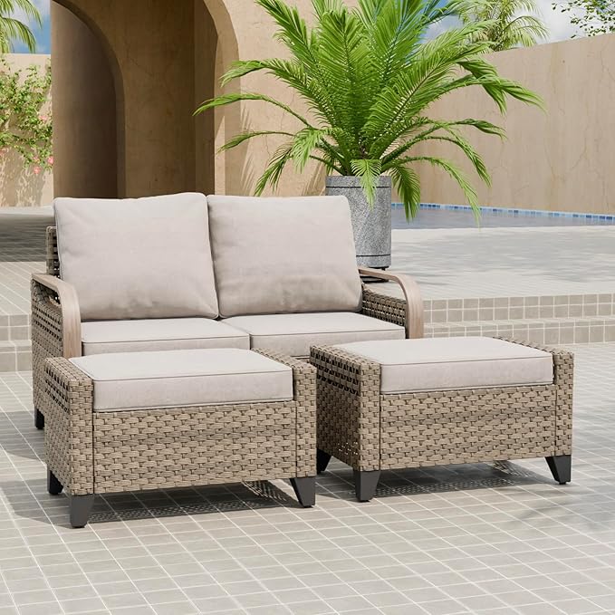 EAGLE PEAK Modern Wicker Outdoor Patio Furniture Set, Patio Conversation Set, a 2-Seat Loveseat and 2 Ottomans, 3 Pieces, Brown/Gray