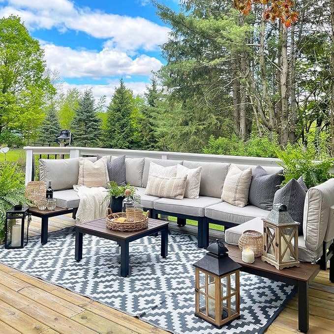 Sophia & William 6 Pieces Outdoor Patio Furniture Set, Metal Sectional Sofa Set Patio Conversation Set-2 x Single Sofa with Side Table,1 x Loveseat,2 x Single Couch,1 x Tea Table(Beige Grey)