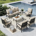 MFSTUDIO 6 Pieces Metal Patio Furniture Sets, 2 Swivel Chairs, 3-Seat Loveseat Sofa, 2 Patio Chairs & 1 Marbling Coffee Table, All Weather 7 Seats Outdoor Conversation Set for Garden Backyard, Beige