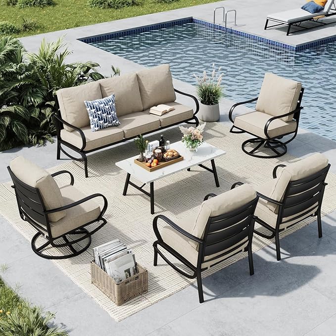 MFSTUDIO 6 Pieces Metal Patio Furniture Sets, 2 Swivel Chairs, 3-Seat Loveseat Sofa, 2 Patio Chairs & 1 Marbling Coffee Table, All Weather 7 Seats Outdoor Conversation Set for Garden Backyard, Beige