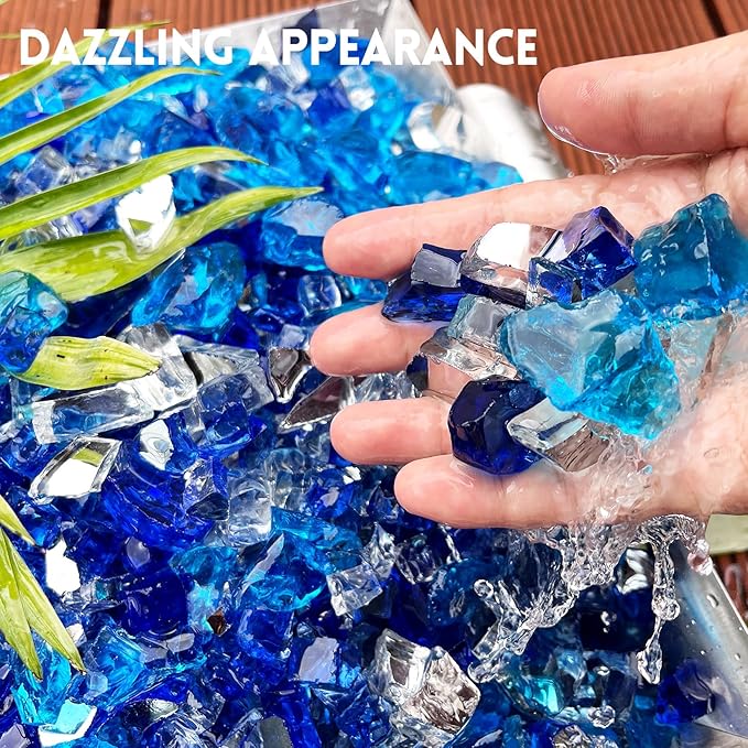 GasSaf 1/2 Inch Fire Glass Reflective Tempered Fireglass Cut Crushed FireGlass for Fire Pit, Fireplace, Replaces Existing Gas Logs(20 Pound)(Cobalt/Caribbean Blue, Crystal Ice Reflective)