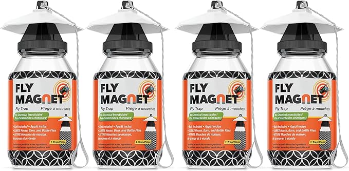 Outdoor Fly Trap [4 Pack] Fly Traps Outdoor with Dissolvable Non-Toxic Bait - Fly Repellent for Outdoor Use Only - Controls Flies for Patios, Barns, Ranches Etc. Hanging Fly Traps with Tie Included