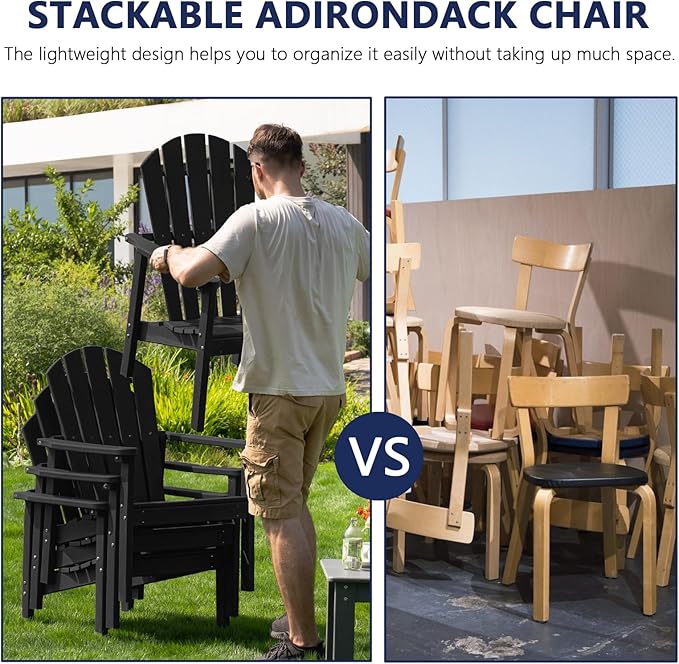 nevilywood Compact Stackable Adirondack Chairs Set of 2, 26.3" Wide HDPE Outdoor Patio Chairs - Durable, Space-Saving Design for Porch, Lawn or Garden, Black