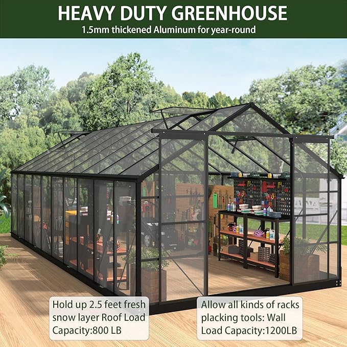 Greenhouses for Outdoors, 8x20 FT Polycarbonate Greenhouses with 4 Adjustable Roof Vents, Walk-in Aluminum Frame Green Houses for Outside with Sliding Doors Fit for Garden, Windproof (8x20FT)