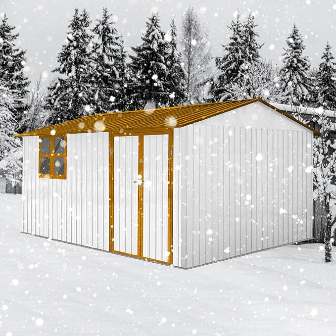 Metal Garden Sheds 12ftx10ft Outdoor Storage Sheds White+Yellow with Window, for Backyard, Patio, Poolside