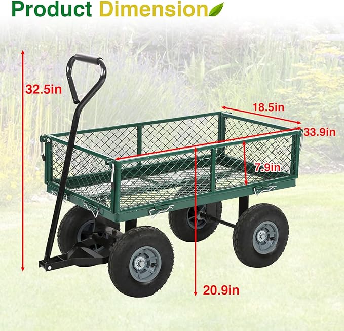 BestMassage Heavy Duty 500 Lbs Capacity Mesh Steel Garden Cart Folding Utility Wagon with Removable Sides for Beach Lawn Yard Landscape (Deep Green)