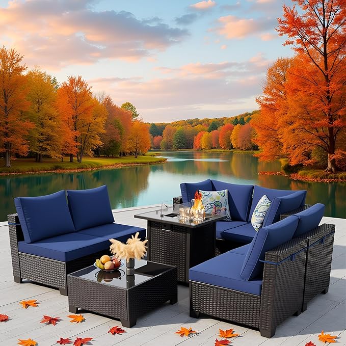 Patio Furniture Set with Fire Pit Table, 8 Piece Wicker Outdoor Sectional Set with Thick Cushions, Patio Sofa for Porch Garden Backyard Deck, Coffee/Blue