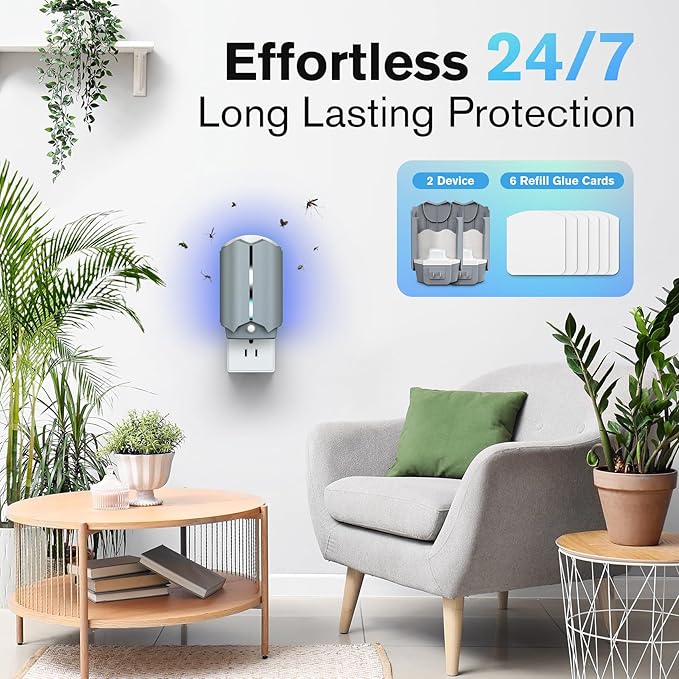 Indoor Fly Trap with UV Light, 2 Plug-in Flying Insect Traps and 6 Sticky Refills, Safe & Quiet Bug Catcher for Fruit Flies, Gnats, Mosquitoes, Moths & Small Insects