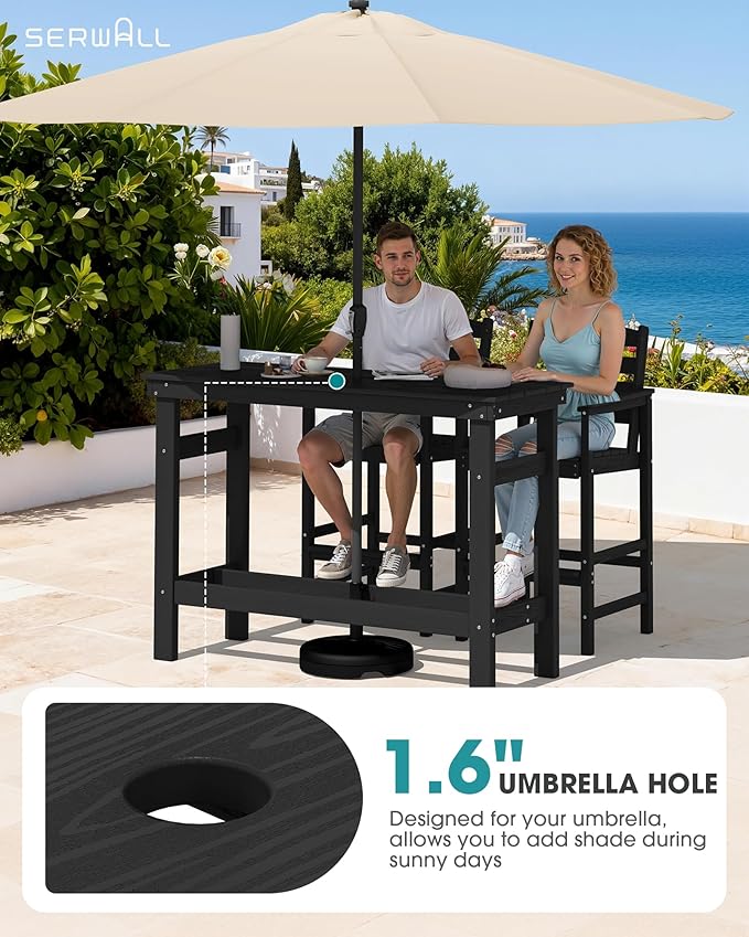 SERWALL Outdoor Bar Set - 2 Adirondack Bar Chairs & Bar Height Table with 1.6" Umbrella Hole, All-Weather HDPE Patio Furniture for Poolside, Backyard, Garden - Black