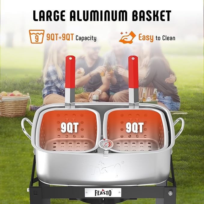 18 QT Propane Fish Fryer with 2 Inner Baskets, Outdoor Aluminum Deep Fryer Seafood Pot and Basket for Frying Fish, Chicken Wings, French Fries, 40,000 BTUs Burner, Silver & Black