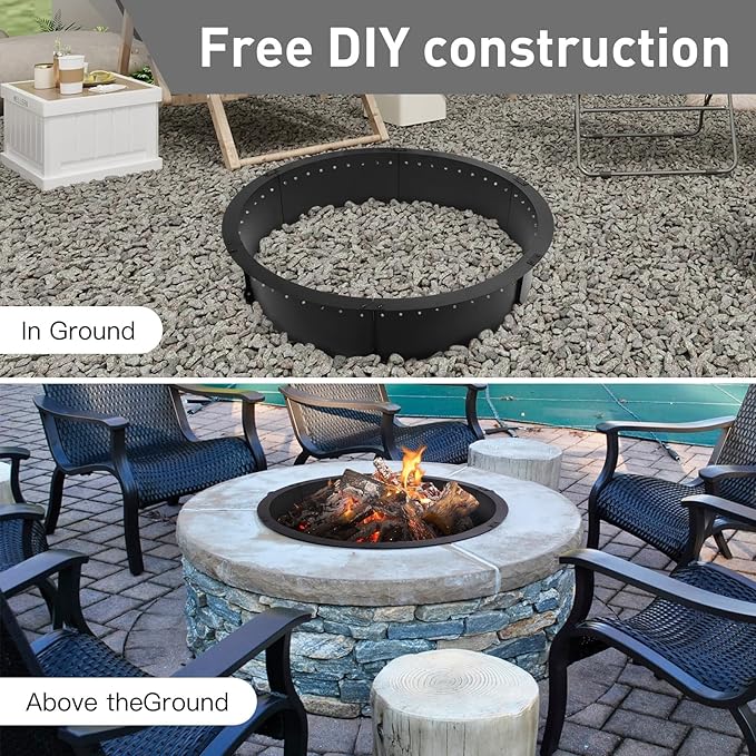 52 inch Fire Pit Ring,Large Round Insert Firepit for Outdoor Fire Liner smokeless fire Pit Metal Campfire Ring 52-Inch Outer/48-Inch Inner Diameter Above or In-Ground, Black