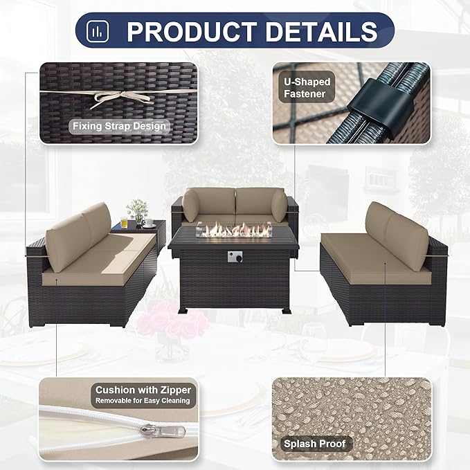 Kurapika 8 Pieces Patio Furniture Set, Rattan Wicker Outdoor Conversation Sets w/43in Propane Fire Pit Table and 4 Inch Cushion(Sand)