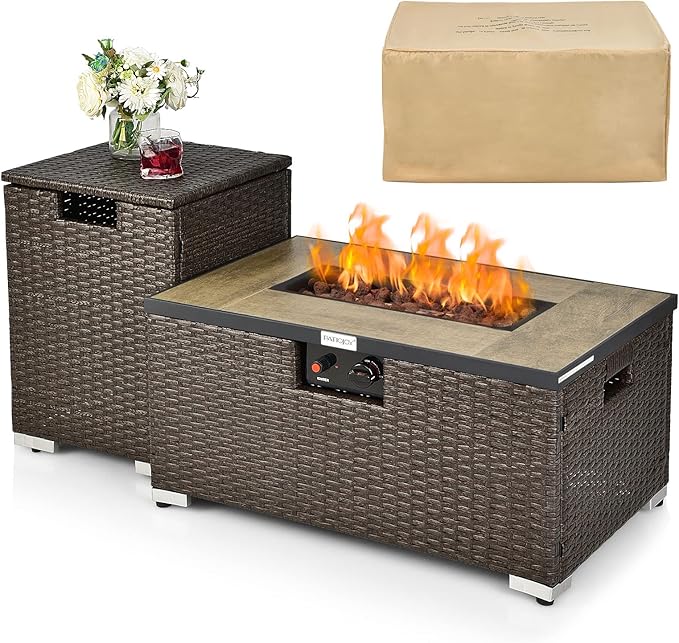 Tangkula 2 Piece Outdoor Propane Fire Pit Table Set with Hideaway Propane Tank Holder, 40,000 BTU Rattan Wicker Fire Pit Table with Lava Rocks, Waterproof Cover, Ideal for Backyard, Patio (Brown)
