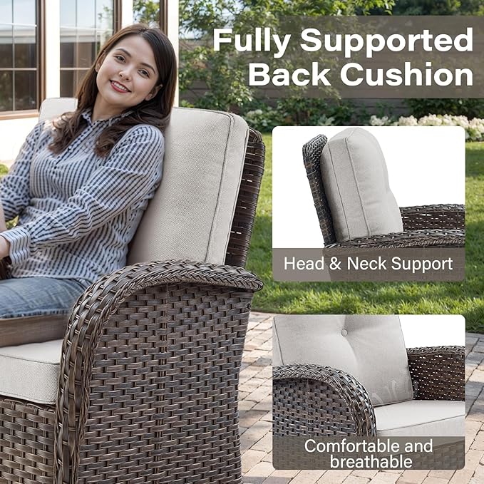 Patio Furniture Swivel Glider PE Wicker Chairs, Outdoor Swivel Rocker Seating with Cushions for Porch Deck Balcony, Brown/Beige