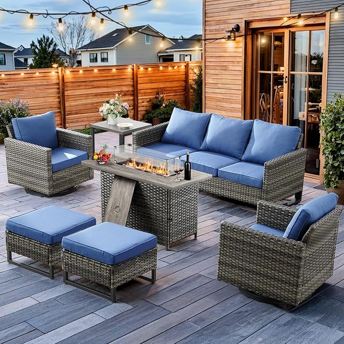 HUMMUH 7 Piece Patio Furniture Set with Fire Pit Table 41in 55,000 BTU,Wicker Outdoor Conversation Sets - Outdoor Swivel Rocker Chairs Patio Sofa for Porch,Garden,Backyard