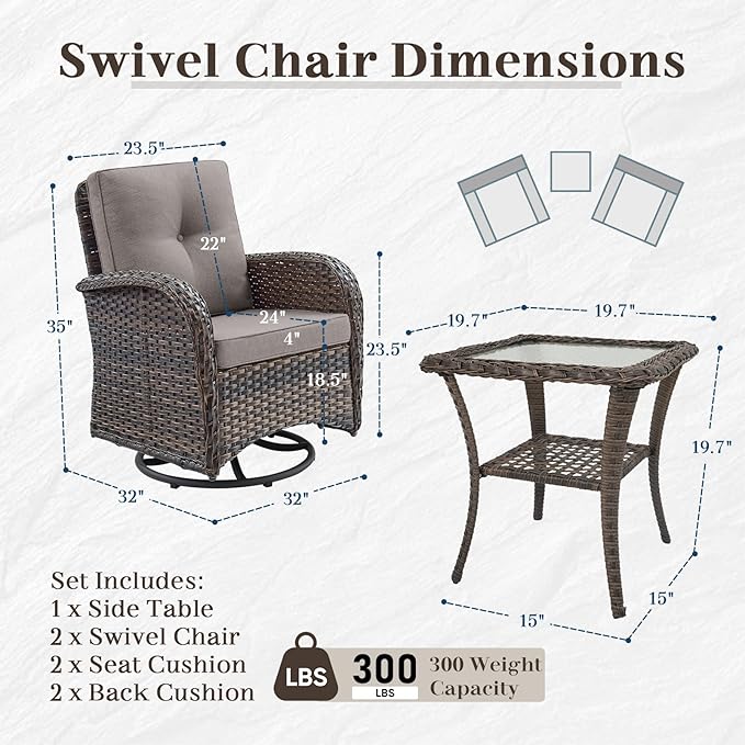 HUMMUH 5 Pieces Wicker Patio Furniture Set,Outdoor Swivel Gliders Rocker,Patio Ottomans,Glass Top Side Table,Outdoor Conversation Set for Porch Deck Backyard Poolside
