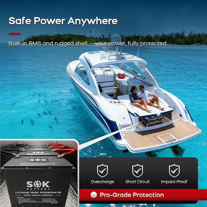 SOK Battery 12V 100Ah LiFePO4 Deep Cycle Lithium Iron Phosphate Battery with Low-Temp Protection, ABS Casing, Marine Grade IP65 Suitable for RV, Marine, Boat, Yacht, and Solar & Wind Off-Grid Use