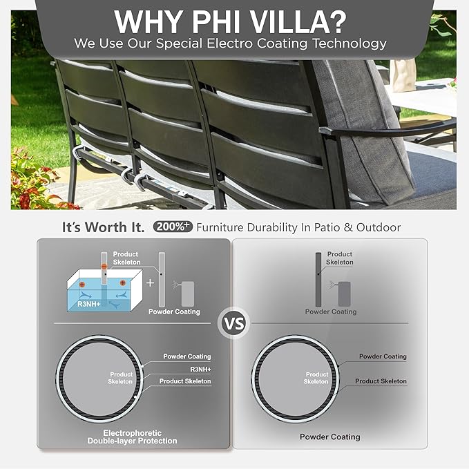 PHI VILLA 6 Piece Patio Furniture Sets with 1 x 3-Seat Deep Seating Bench, 2 x Cushioned Swivel Sofa Chairs, 1 x Coffee Table & 2 Ottoman, Outdoor Metal Conversation Set for Lawn Garden Yard,Grey