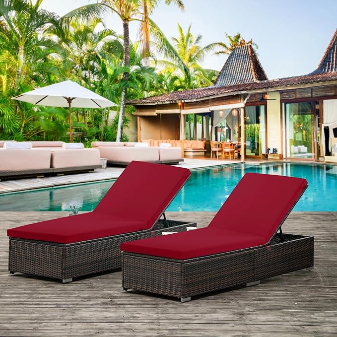 Chaise Lounge Cushions Outdoor Set of 2 - Waterproof and Fade Resistant Sun Lounger Replacement Cushions - Patio Lounger Pads with Removable Cover for Pool, Deck, Lawn, 80 x 26 x 3 Inch, Red