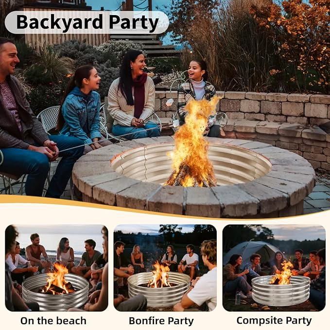 60 Inch Large Round Fire Pit Ring, Galvanized Steel Outdoor Bonfire Ring for Backyard & Camping, Sturdy, Rust-Proof & Easy to Install (5×5×1 FT)