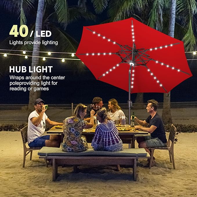 9ft Solar Umbrella Outdoor - Double Top Lighted Patio Umbrella with 40 LED Lights Waterprool Uv Protection, Table Umbrella with Tilt & Crank for Pool, Porch, Garden, Backyard(Red)
