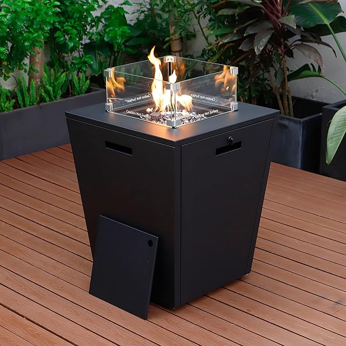 LeisureMod Chelsea 32" Modern Gas Fire Pit Table – 37,000 BTU CSA Certified Propane Steel Outdoor Table with Tempered Glass Wind Guard and Lid for Patio (Black)