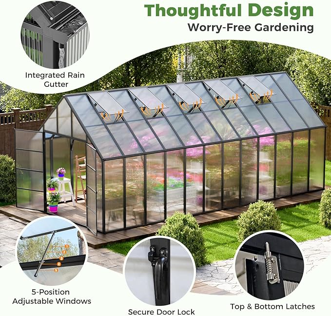 24x10x10 FT Outdoor Greenhouse, Large Thicker Aluminum Polycarbonate Kit, 5 Vent Windows, Swing Door, Walk-in, for Sunroom, Patio, Backyard