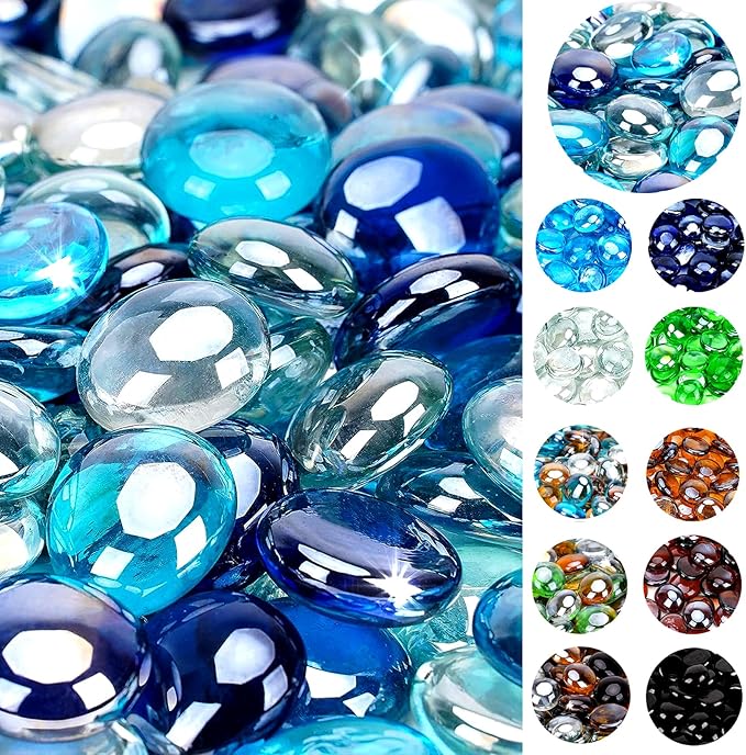 onlyfire 10 Pounds Fire Glass Beads for Propane Fire Pit and Gas Fireplace, 1/2 Inch Round Blended Firepit Glass Rocks Flat Marbles for Fire Pit Table, Cobalt Blue Crystal Ice and Caribbean Blue