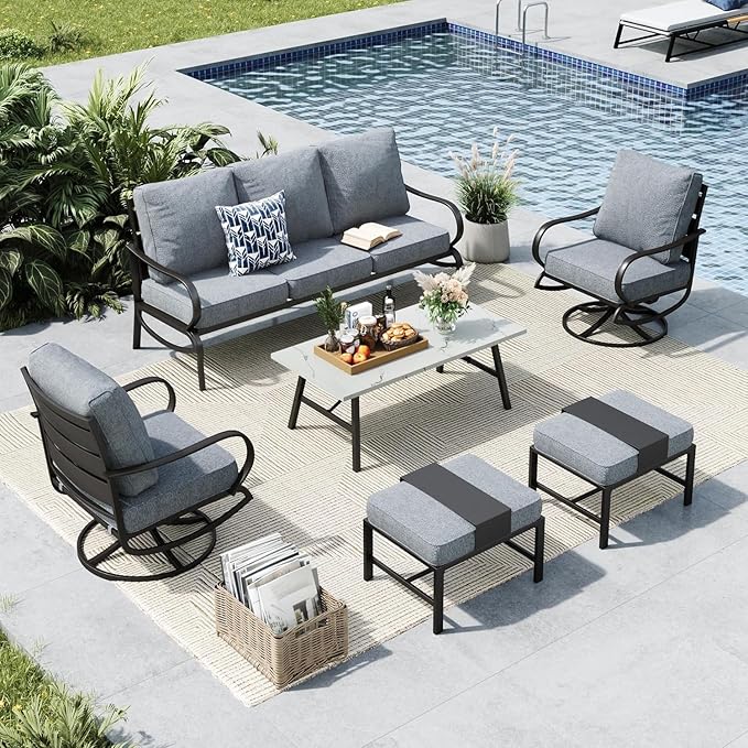 MFSTUDIO 6 Pieces Metal Patio Furniture Sets, 2 Swivel Chair, 1 Deep Seating 3-Seat Sofa, 2 Ottoman & 1 Marbling Coffee Table, All Weather 7 Seats Outdoor Conversation Set for Garden Backyard, Grey