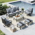 MFSTUDIO 6 Pieces Metal Patio Furniture Sets, 2 Swivel Chair, 1 Deep Seating 3-Seat Sofa, 2 Ottoman & 1 Marbling Coffee Table, All Weather 7 Seats Outdoor Conversation Set for Garden Backyard, Grey