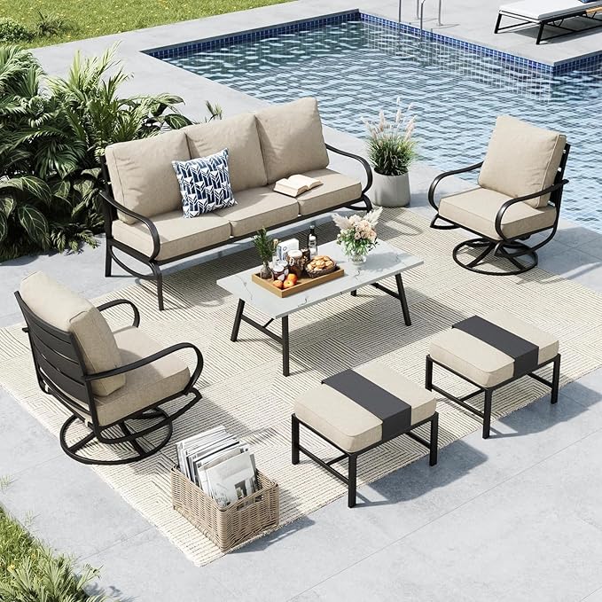 MFSTUDIO 6 Pieces Metal Patio Furniture Sets, 2 Swivel Chair, 1 Deep Seating 3-Seat Sofa, 2 Ottoman & 1 Marbling Coffee Table, All Weather 7 Seats Outdoor Conversation Set for Garden Backyard, Beige
