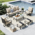 MFSTUDIO 6 Pieces Metal Patio Furniture Sets, 2 Swivel Chair, 1 Deep Seating 3-Seat Sofa, 2 Ottoman & 1 Marbling Coffee Table, All Weather 7 Seats Outdoor Conversation Set for Garden Backyard, Beige