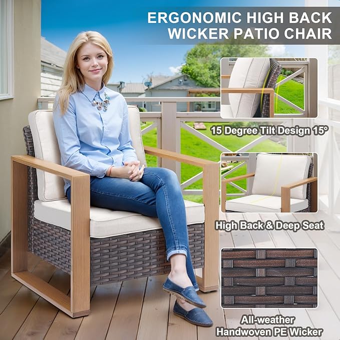 Belord 5 Piece Outdoor Wicker Patio Conversation Furniture Set Deep Seating, Metal Wide Armrests Patio Sofa Set with Rattan Chairs Ottomans for Porch Deck Sunroom Backyard