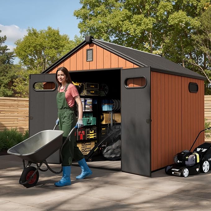 CRESTLIVE 8x10 FT Rust-Resistant Plastic Outdoor Storage Shed, Waterproof Resin Garden Shed with Floor, Doors, Skylight & Vent for Lawn Tools & Bikes