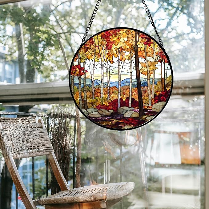 QZQCBLC Stained Glass Window Hanging Fall Birch Tree Forest Scenery 7.8" - Suncatcher Door Garden Sun Catcher Home Decor Birthday Christmas for Mom Men Woman Friend Nana