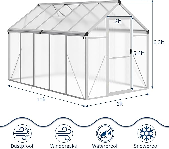 6 x 10 ft Greenhouse, Greenhouses for Outside, Polycarbonate Greenhouse with Aluminum Frame, Lockable Door and Ajustable Roof Vent for Backyard, Green Houses for Outside Garden Backyard, Patio