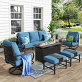 MFSTUDIO 6 Pieces Patio Furniture Sets with 45" Gas Fire Pit Table(Up to 7 Seat),Outdoor Metal Frame Patio Conversation Sofas with 1 x 3-Seat Sofa, 2 Swivel Chairs and 2 Ottoman, Navy Cushion