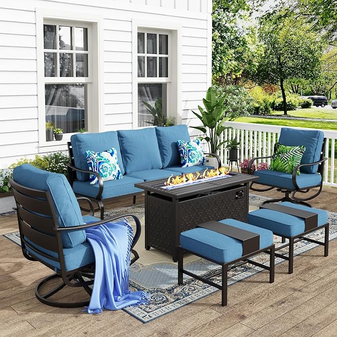 MFSTUDIO 6 Pieces Patio Furniture Sets with 45" Gas Fire Pit Table(Up to 7 Seat),Outdoor Metal Frame Patio Conversation Sofas with 1 x 3-Seat Sofa, 2 Swivel Chairs and 2 Ottoman, Navy Cushion