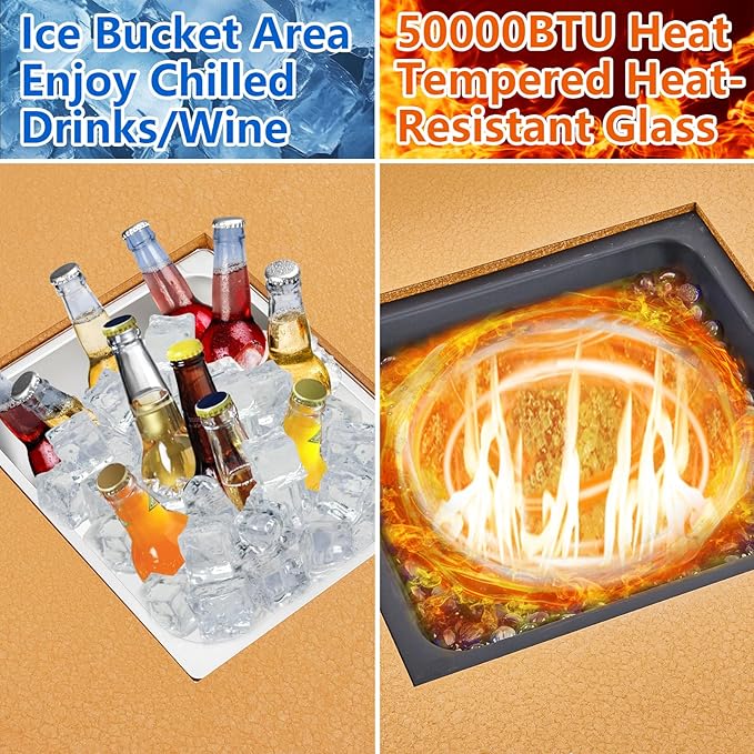 56 in Propane Fire Pit Table with Ice Bucket，50000BTU Fire Table with 13 in Square Drink Ice Bucket Wind Guard, Fire Glass Beads & CSA Safety Certified Outdoor Firepit for Patio Yard Garden(Orange)