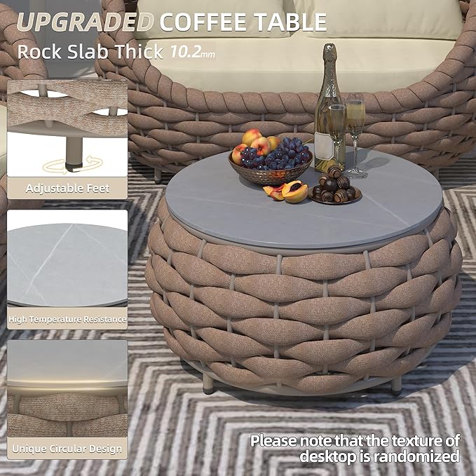 TWT 5 Pieces Patio Furniture Set, Outdoor Rope Conversation Sectional Patio Sofa with 5 Seater for Backyard, Porch, Modern Armchairs with Thickness Cushions and Side Table, Light Brown